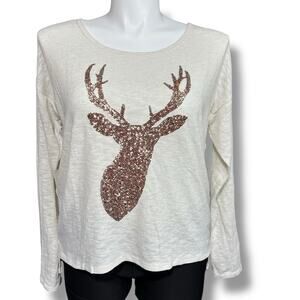 Bethany Mota Womens Deer Theme Long Sleeve T Shirt Top Knit Sequin Beige Gold XL